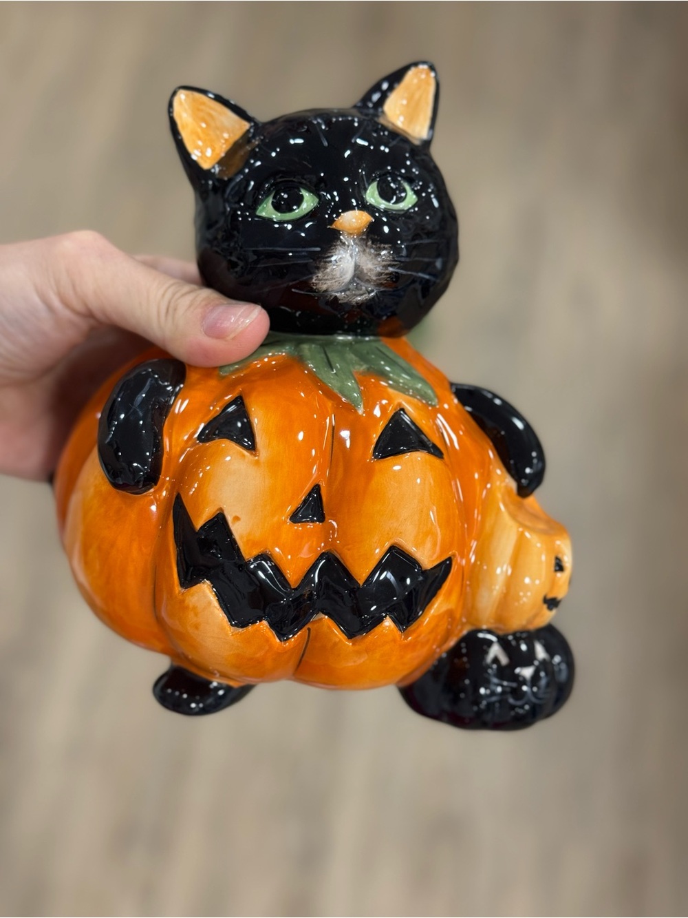 Blue Sky Black Cat Pumpkin Figurine - Orange & Black with Green Eyes